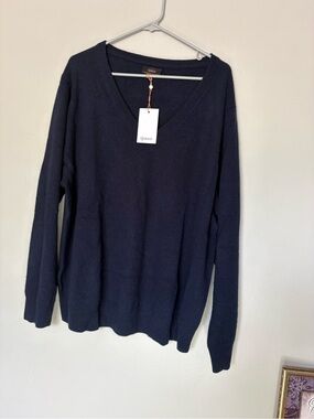 Quince Men's V-Neck 100% Magnolian Cashmere Sweater in Navy Blue.
